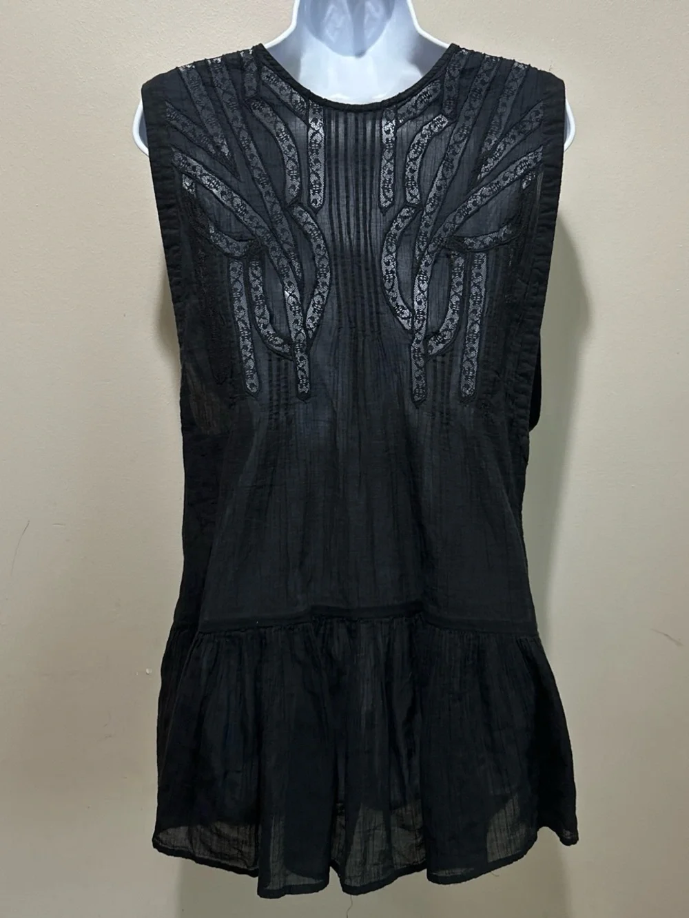 Free People Black Lace-Trim Sleeveless Mini Dress 100%Cotton